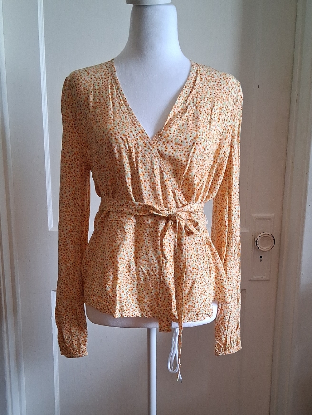 Old Navy Yellow Floral Wrap Top with Tie Waist